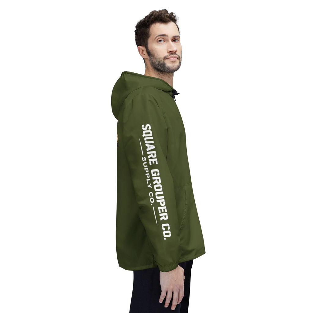 Olive Fishing Windbreaker Jacket – 'Square Grouper' Graphic Hooded Windbreaker