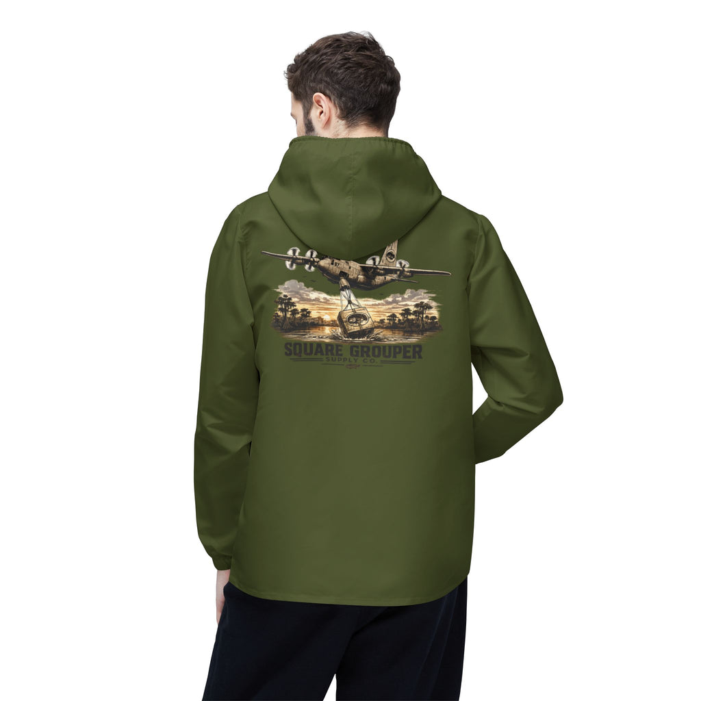 Olive Fishing Windbreaker Jacket – 'Square Grouper' Graphic Hooded Windbreaker