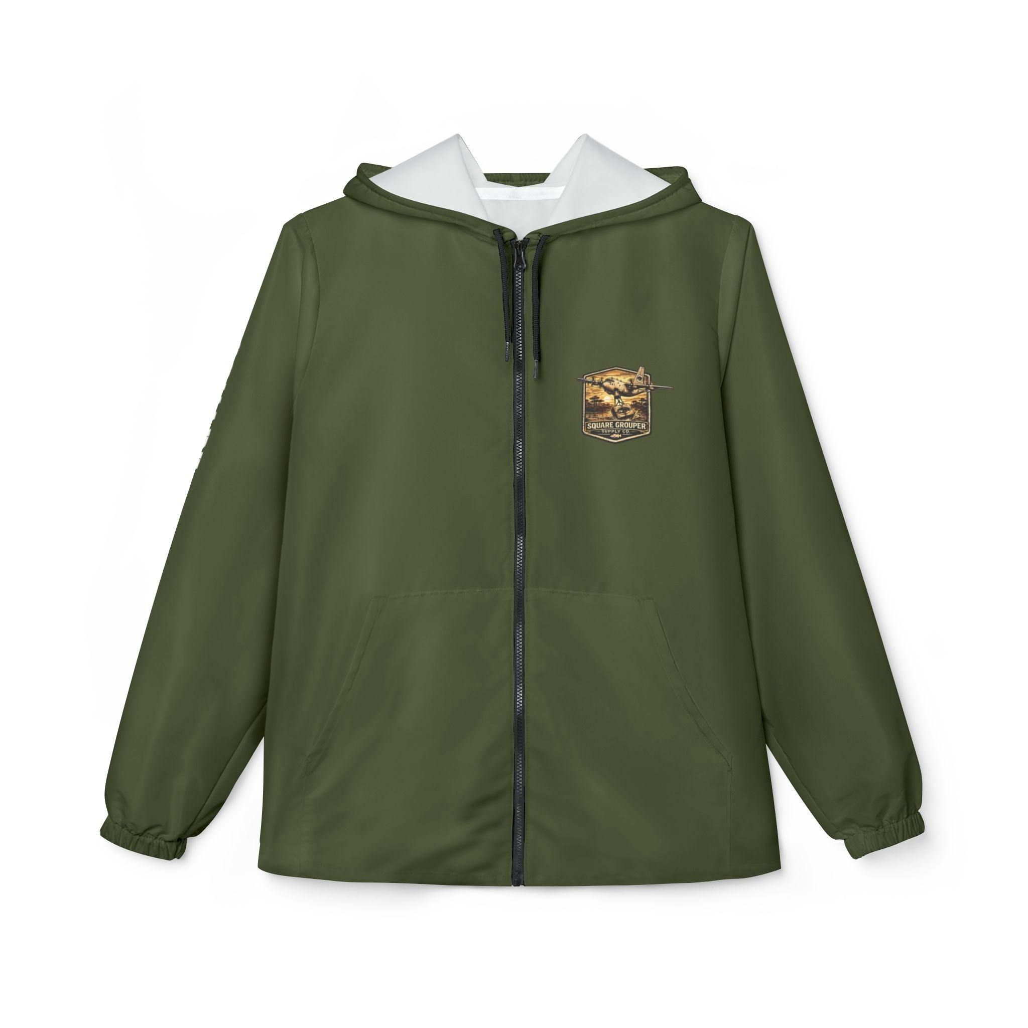 Olive Fishing Windbreaker Jacket – 'Square Grouper' Graphic Hooded Windbreaker