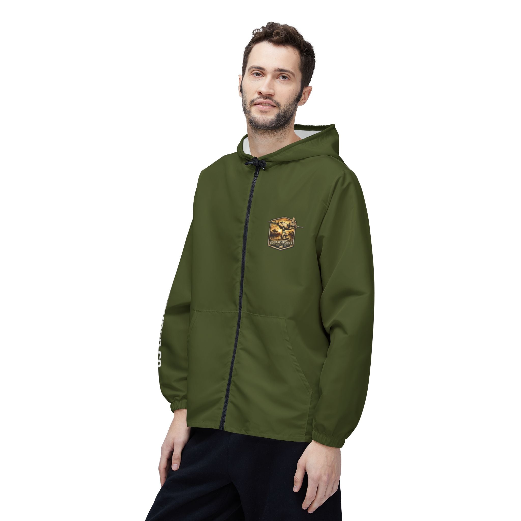 Olive Fishing Windbreaker Jacket – 'Square Grouper' Graphic Hooded Windbreaker