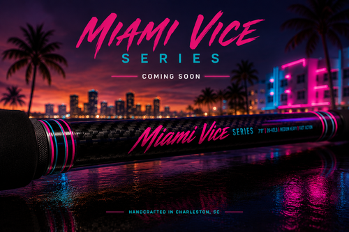 Promotional image for 'Miami Vice Series' with city skyline and palm trees in the background.
